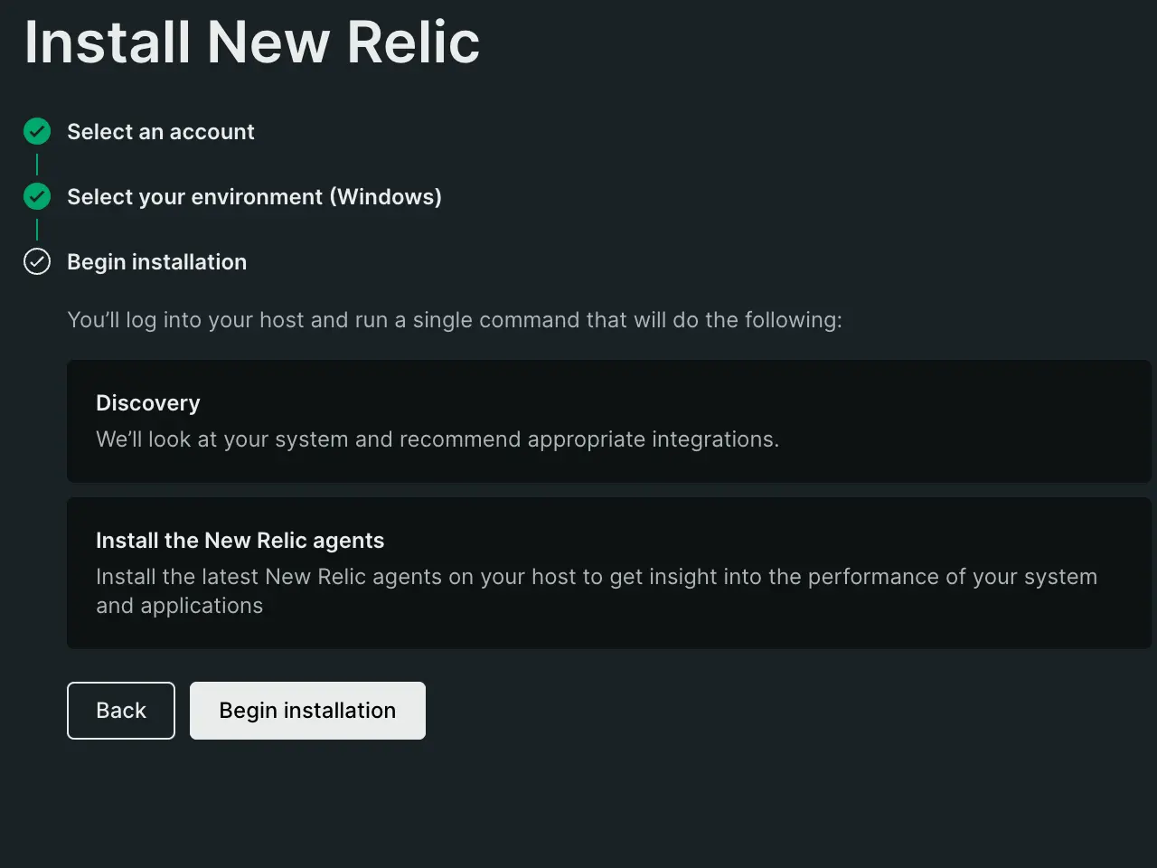 A screenshot displaying some of New Relic's log monitoring guided installs
