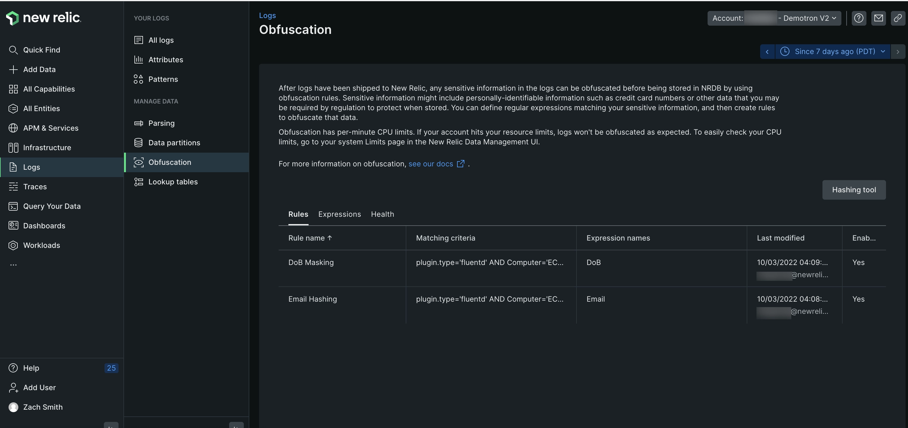 Screenshot of Logs obfuscation expressions UI