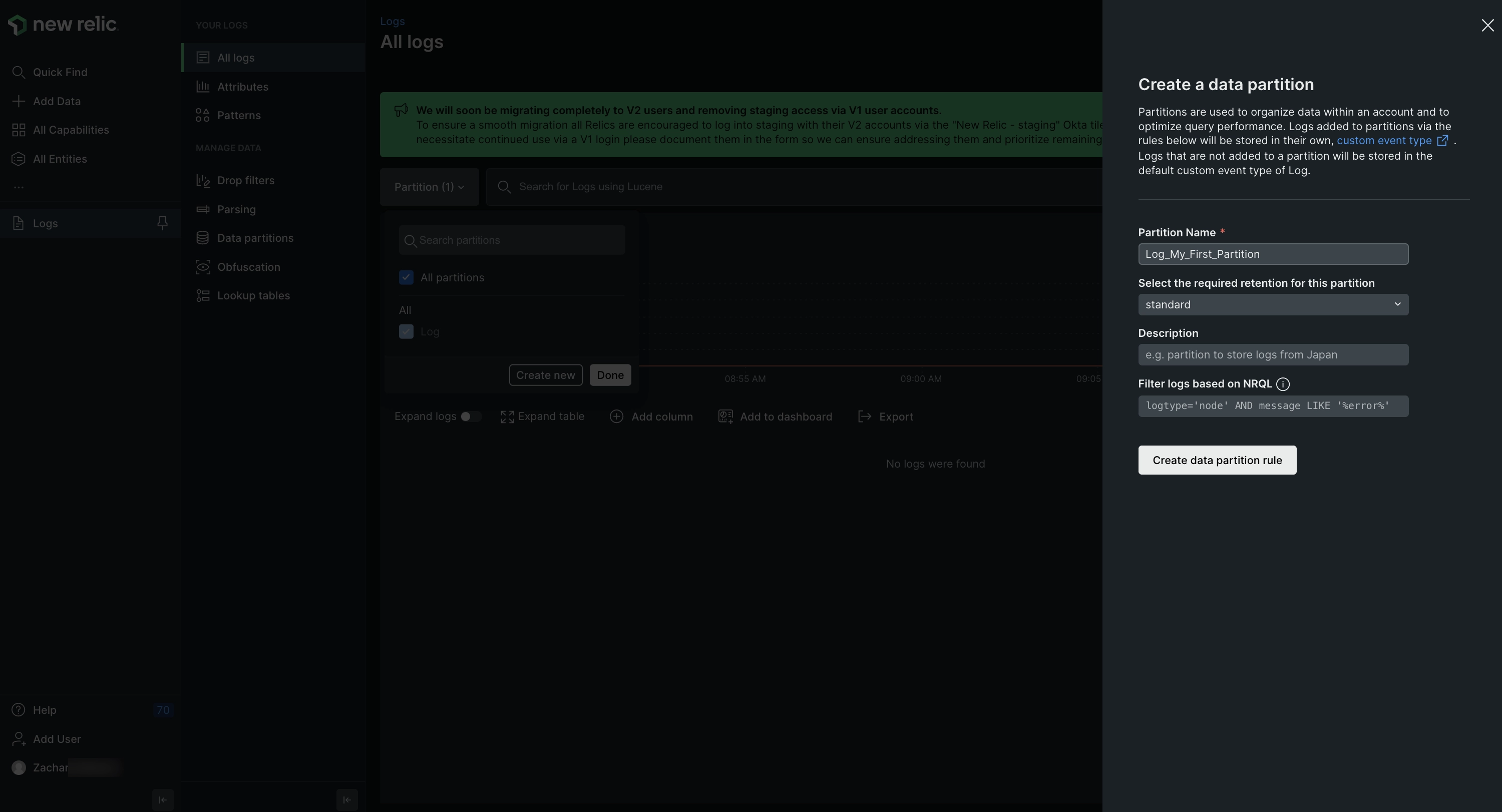 Screenshot of Log partitions rule in UI