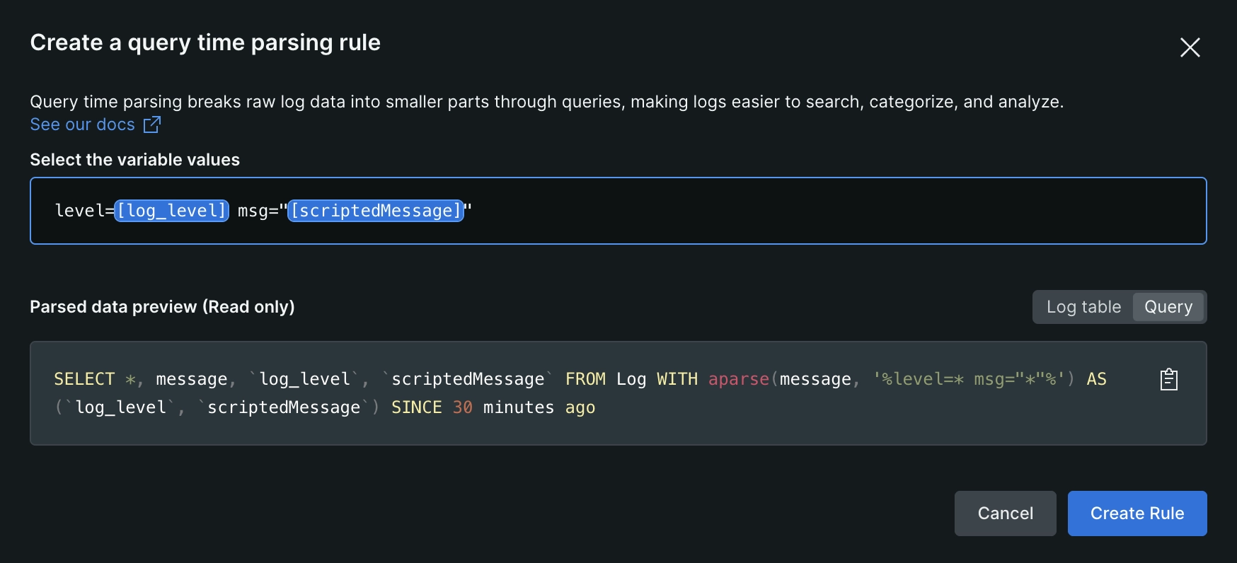 Screenshot showng the query behind the parsing rule