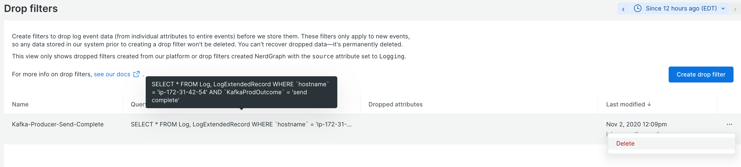 Screenshot of existing Log drop filter rule in UI