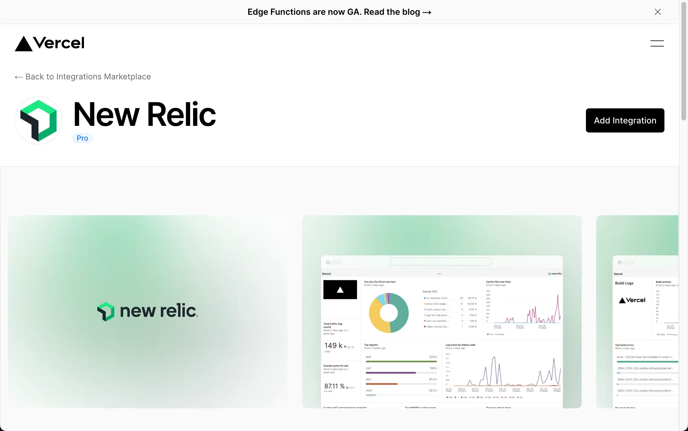 Vercel's New Relic integration page
