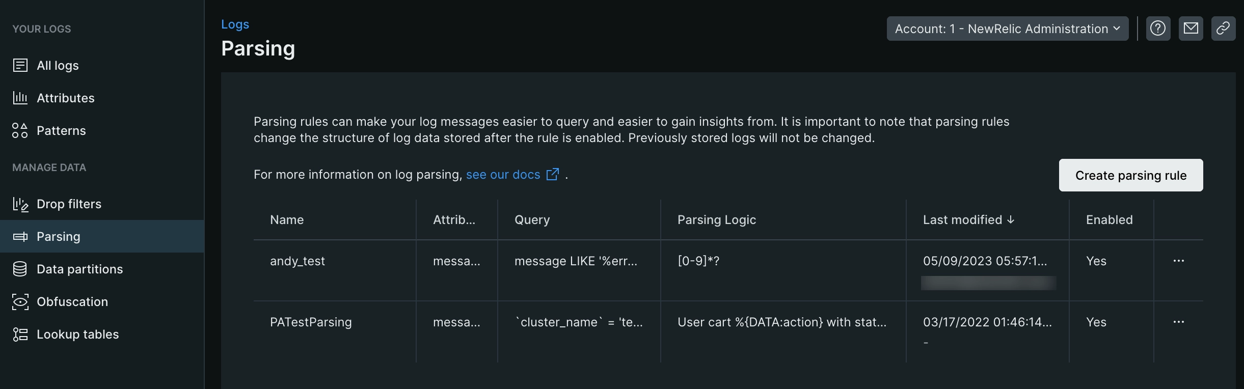 An image displaying New Relic's log parsing UI