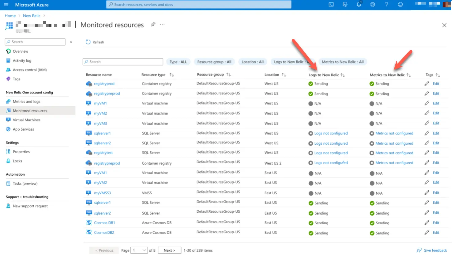 An image showing the monitor resources tab of azure