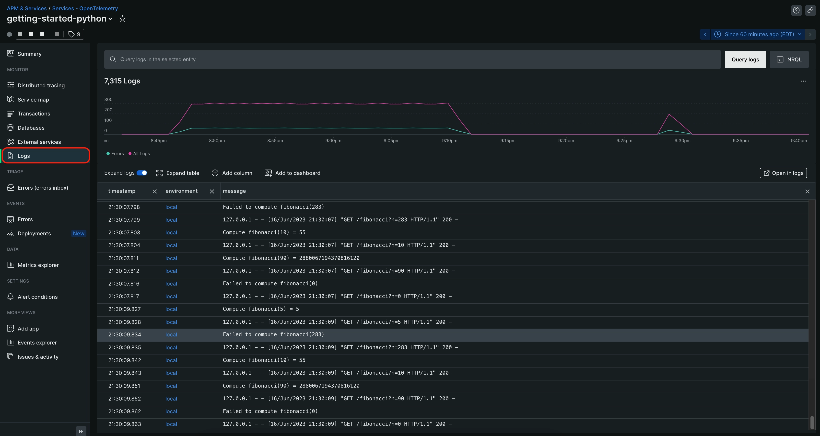 Screenshot showing the main logs page