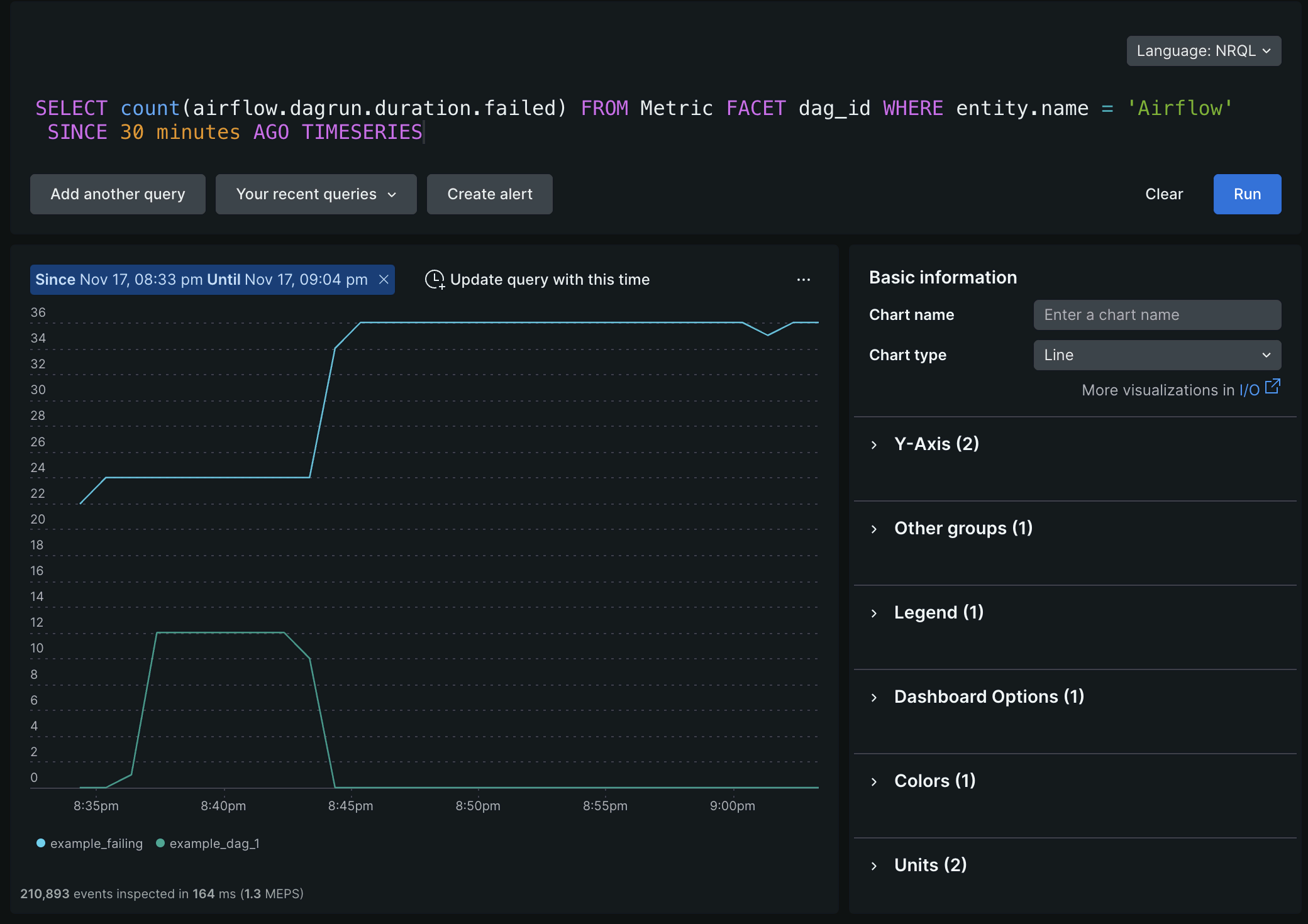 Screenshot showing sample Airflow failures in New Relic
