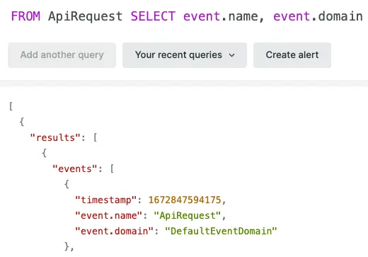 Screenshot showing how OpenTelemetry events having event.type='ApiRequest' can be queried in the query builder using SELECT * FROM ApiRequest