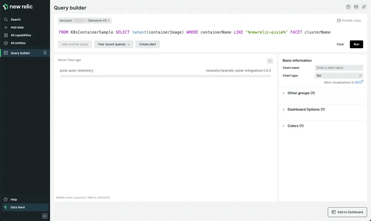 A screenshot of the query builder to determine which version of the New Relic Pixie integration is installed.