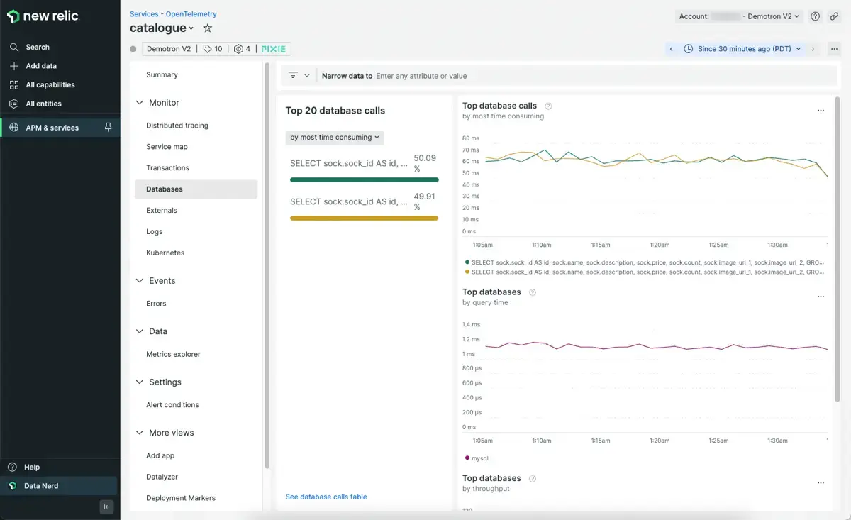 Pixie data seen in the OpenTelemetry <DNT>**Databases**</DNT> tab.