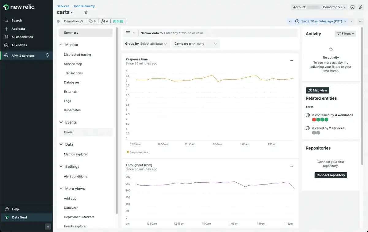 The <DNT>**Services - OpenTelemetry**</DNT> service Summary view shows graphs of response time, throughput and error rate over time.