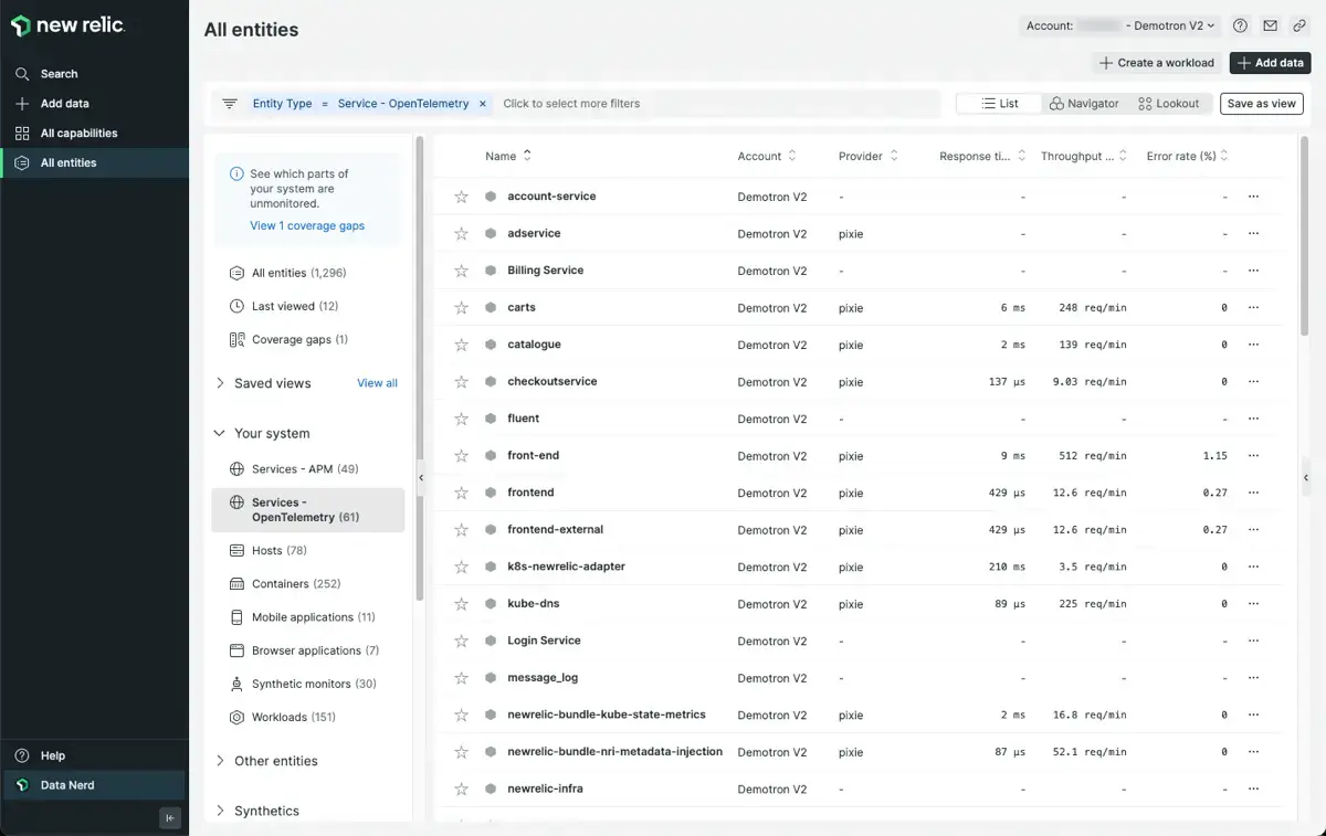 The <DNT>**Services - OpenTelemetry**</DNT> view lists all services identified by Pixie with high-level latency, error and throughput details.