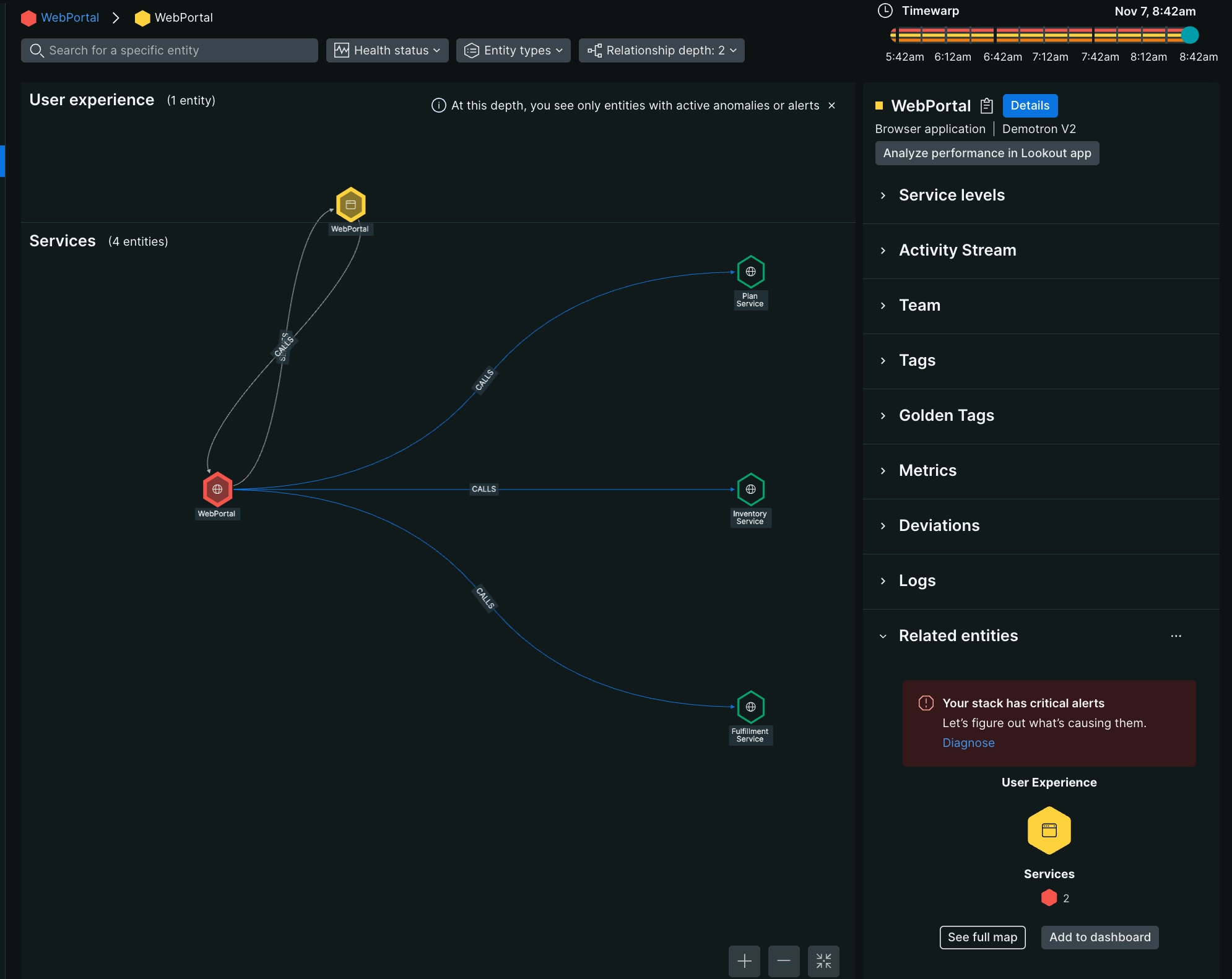 A screenshot of how service map updates after mapping from a specific entity.