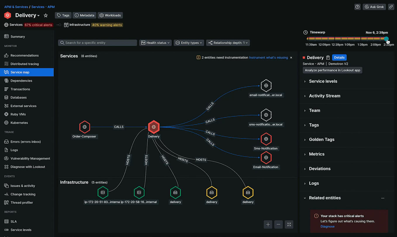 A GIF of how service map updates when filtering the health status, timewarp, entity type, and relationship depth.