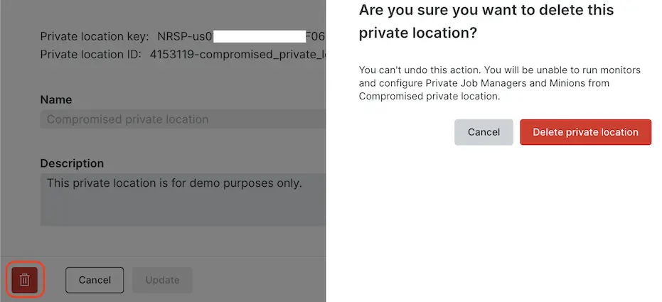 Screenshot of delete confirmation key for private location