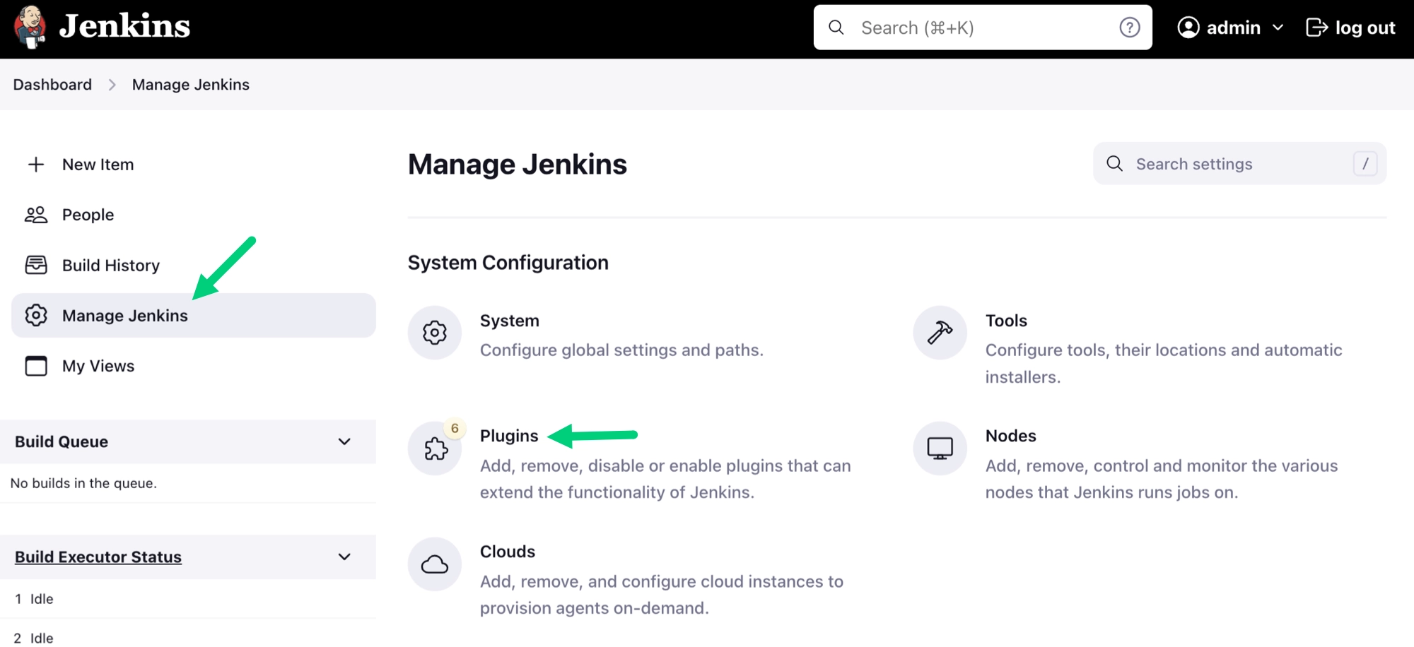 Screenshot showing where to find Manage Jenkins