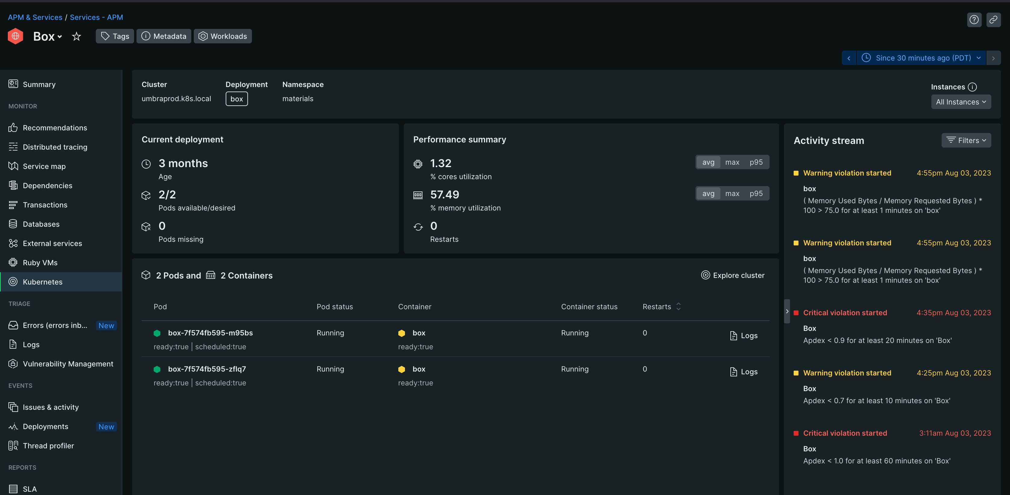 The main overview dashboard for an APM service in a Kubernetes cluster